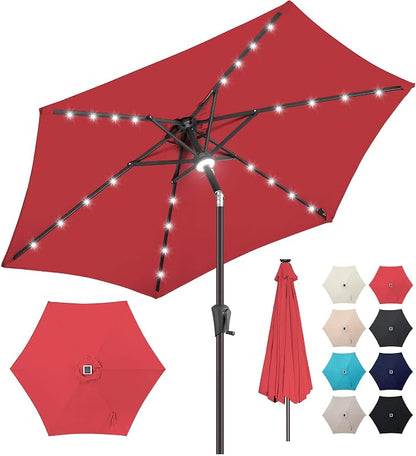 Solar Patio Umbrella with Centre Light, 7.5 ft Red | 24 LED Lights, UV Protection, Small Solar Outdoor Umbrella for Porch, Deck, Pool, Table, Garden, Provides Evening Lighting