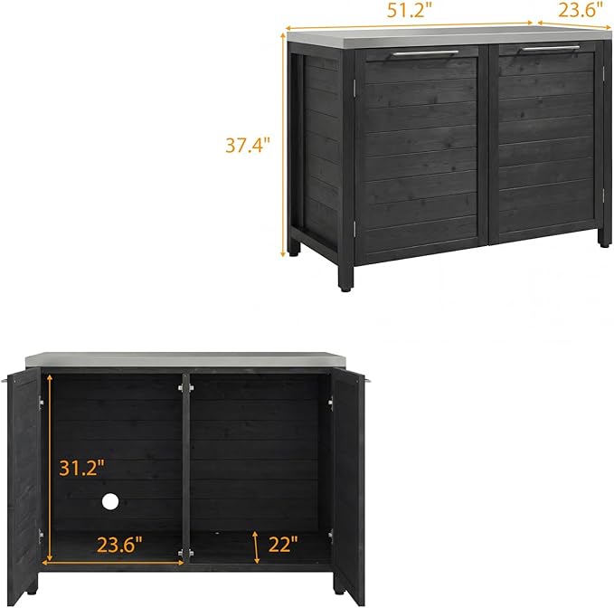 MOUMON Patio Kitchen Storage Cabinet with Stainless Steel Countertop, Solid Cedar Patio Prep Table for Grilling, Outdoor Cooking Station, Dark Grey 51.2”W x 23.6”D x 37.4”H