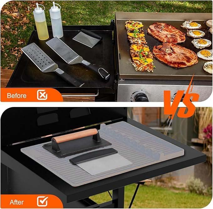 3 in 1 Grill Side Shelf Mat,Silicone Large Non-slip Grill Tool Mat for Blackstone,Utensil Rest with Drip Pad for Flat Top Grill Accessories, Outdoor Grill Utensils Holder for BBQ,Gray