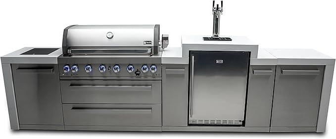 Mont Alpi 142"W Stainless Steel Deluxe Modular Outdoor Kitchen Island with Side Burner + 3 Tap Kegerator Refrigerator + 44"W 6-Burner BBQ Gas Grill + Granite Countertops + Storage Cabinets & Drawers