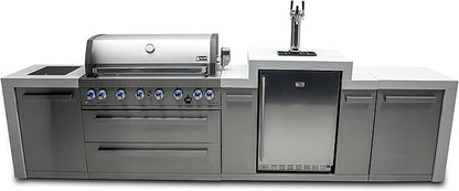 Mont Alpi 142"W Stainless Steel Deluxe Modular Outdoor Kitchen Island with Side Burner + 3 Tap Kegerator Refrigerator + 44"W 6-Burner BBQ Gas Grill + Granite Countertops + Storage Cabinets & Drawers