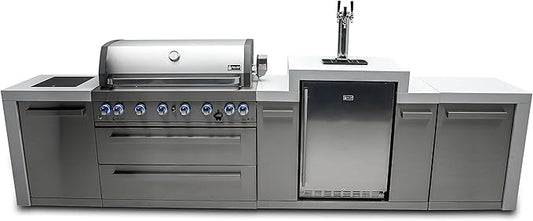 Mont Alpi 142"W Stainless Steel Deluxe Modular Outdoor Kitchen Island with Side Burner + 3 Tap Kegerator Refrigerator + 44"W 6-Burner BBQ Gas Grill + Granite Countertops + Storage Cabinets & Drawers
