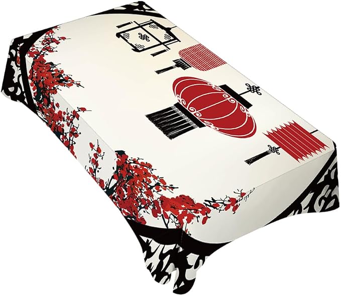 TKS MITLAN Chinese Lantern Decorative Rectangle Tablecloth Festival Window Flower Cherry Pattern Polyester Table Cloths Kitchen Table Cover for Dining BBQ Picnic Coffee Table 52 x 70 Inch 4-6 Seats