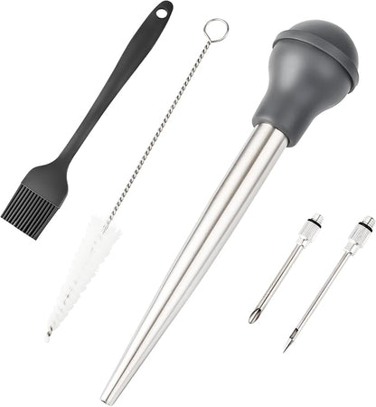 Turkey Baster, Stainless Steel Turkey Baster Silicone Bulb with 2 Marinade Injector Needles and 2 Brush for Cooking Easy Clean and Dishwasher Safe Color Grey