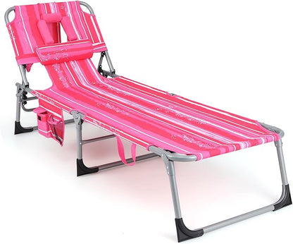Goplus Tanning Chair, Folding Adjustable Patio Lounge Chair with Face Hole, Removable Pillow, 330LBS, Carry Strap, Outdoor Sunbathing Chair, Lightweight Portable Beach Lounge Chair