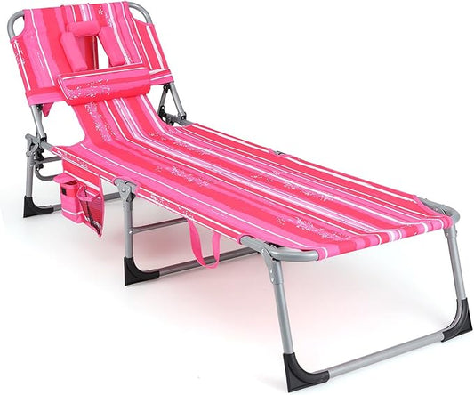 Goplus Tanning Chair, Folding Adjustable Patio Lounge Chair with Face Hole, Removable Pillow, 330LBS, Carry Strap, Outdoor Sunbathing Chair, Lightweight Portable Beach Lounge Chair
