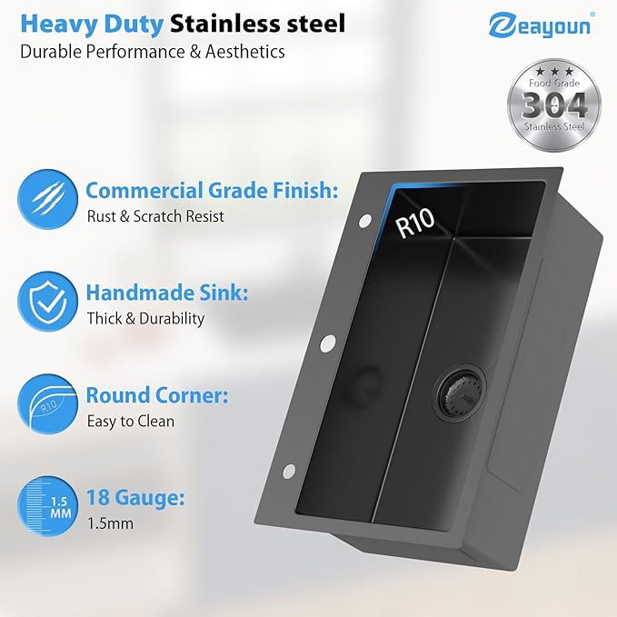 28 Inch Gunmetal Black Drop In Kitchen Sink 28 x 18 Kitchen Sink 18 Gauge Stainless Steel Single Bowl Topmount Sink with Nano Coating, 28x18x9