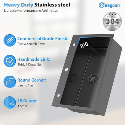 28 Inch Gunmetal Black Drop In Kitchen Sink 28 x 18 Kitchen Sink 18 Gauge Stainless Steel Single Bowl Topmount Sink with Nano Coating, 28x18x9