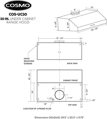 COSMO UC30 29.5 in. Ducted Under Cabinet Range Hood, Kitchen Over Stove Vent, 3-Speed Fan, Permanent Filters, LED Lights in Stainless Steel, 30 inch