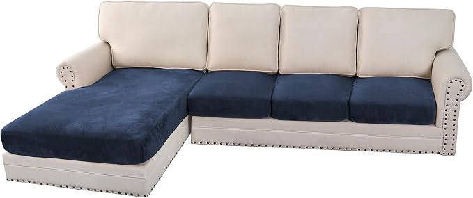 H.VERSAILTEX Velvet Stretch Sectional Couch Covers 4 Pieces Sofa Seat Cushion Covers L Shape Separate Cushion Couch Chaise Cover for Both Left/Right Couch (Large Sofa 3 Seater + 1 Chaise, Navy)