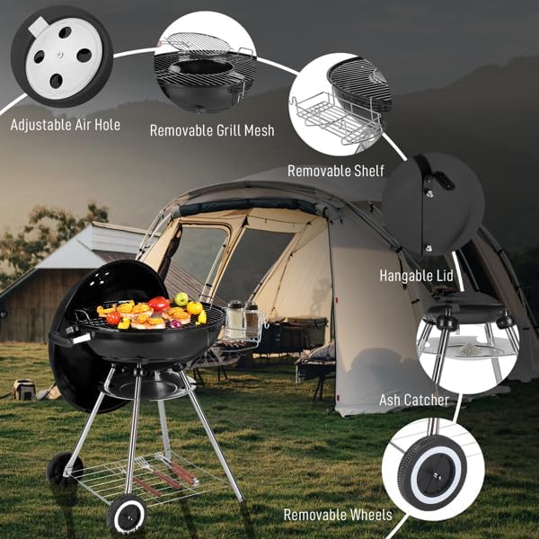 28-Inch Round Portable Barbecue Kettle Charcoal Grill with Wheels Storage, Porcelain-Enameled Lid and Ash Catcher & Thermometer, 28-Inch Portable Grill)