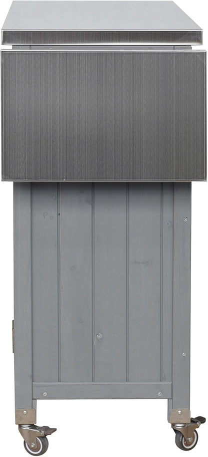 JIVOIT Outdoor Kitchen Island with Foldable Stainless Steel Tabletop, Patio Fir Wood Kitchen Cart Portable Prep Station with Lockable Wheels, Storage Cabinet and Towel Rack (Grey/123)