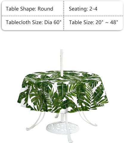 LVTXIII Outdoor Tablecloth with Umbrella Hole and Zipper, 60 Inch Water-Repellent Patio Table Cloth, Round Table Covers for Backyard Garden, Palm Green