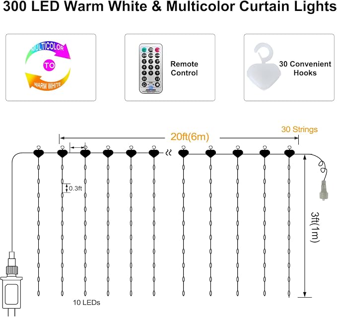 ZAIYW 20Ftx3Ft Curtain Lights Outdoor LED Fence Lights with Remote Timer | Dual Color Curtain Fairy Light Connectable Plug in Christmas Lights for Stair Fence Eaves Xmas Decor, Warm White & Multicolor