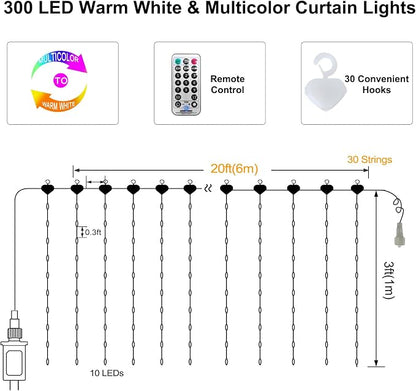 ZAIYW 20Ftx3Ft Curtain Lights Outdoor LED Fence Lights with Remote Timer | Dual Color Curtain Fairy Light Connectable Plug in Christmas Lights for Stair Fence Eaves Xmas Decor, Warm White & Multicolor