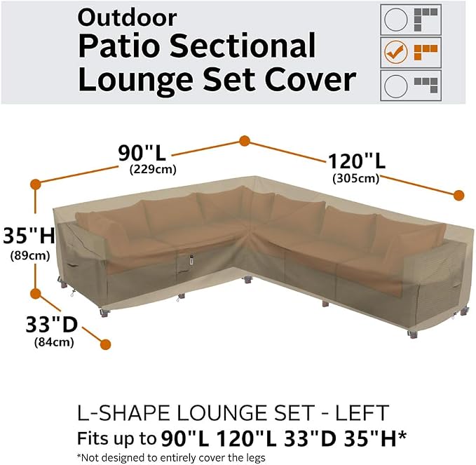 Heavy Duty Outdoor Sectional Sofa Cover, 90"X120" Waterproof 600D Patio Sectional Couch Cover, Lawn Patio Furniture Cover (Desert Khaki, L-Shaped-Left Facing-90 x120)