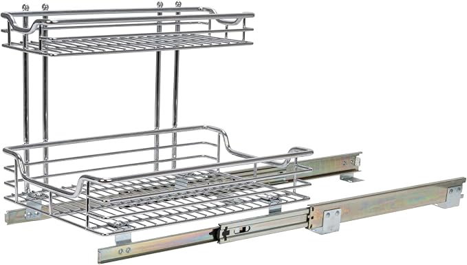 Household Essentials Glidez 2‑Tier Multipurpose Chrome‑Plated Steel Pull‑Out/Slide‑Out Under Sink Organizer, Chrome Finish