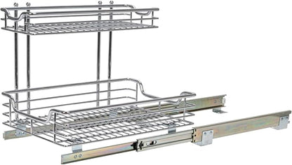 Household Essentials Glidez 2‑Tier Multipurpose Chrome‑Plated Steel Pull‑Out/Slide‑Out Under Sink Organizer, Chrome Finish