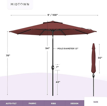Midtown Umbrellas - 10-Year-No-Fade 9 Ft Patio Umbrella with Terylast Fabric, Auto-Tilt Aluminum Frame and 8 Reinforced Ribs for Deck, Pool, Garden & Beach - Cherry Burgundy Canopy, Black Pole