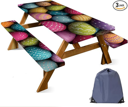 ANNA QUEEN Easter Holiday 6FT Picnic Table Cover with Bench Covers Set of 3 with Drawstring Bag, Colorful Easter Eggs 72"x30" Waterproof Fitted Picnic Tablecloth & Bench Covers for Outdoor Dining