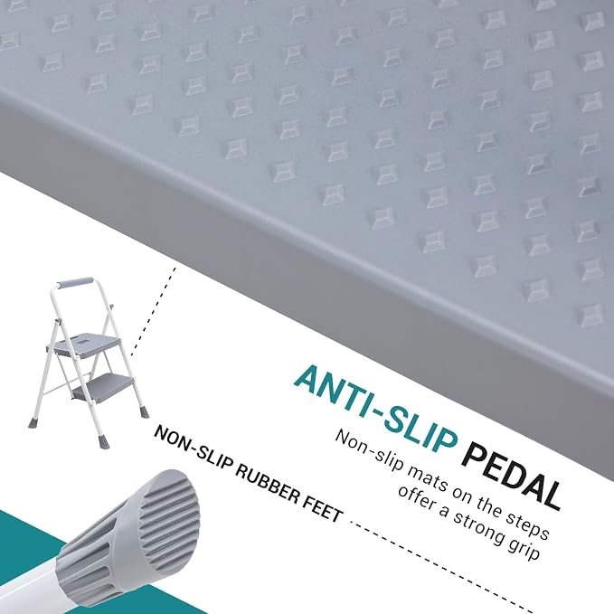 OLIXIS 2 Step Ladder, 880lbs Heavy Duty Step Stool with Anti-Slip Pedal | Portable Stepping Stool with Sturdy Ladder & Comfortable Handrail, for Kitchen, Garage & Outdoor Use, Grey