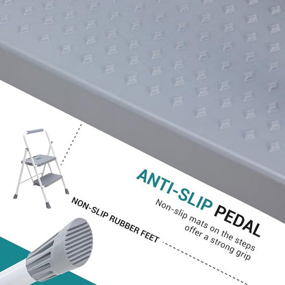 OLIXIS 2 Step Ladder, 880lbs Heavy Duty Step Stool with Anti-Slip Pedal | Portable Stepping Stool with Sturdy Ladder & Comfortable Handrail, for Kitchen, Garage & Outdoor Use, Grey