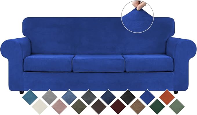 WEERRW 4 Pieces Couch Cover for Sofa Velvet Sofa Cover Washable, Royal Blue | Sofa Covers for 3 Cushion Couch Furniture Protector Sofa Slipcovers with Non Slip Elastic Bottom, Pet Friendly, Large