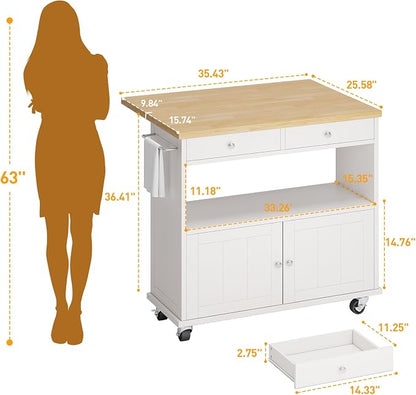 Rolling Kitchen Island with Folding Drop Leaf Breakfast Bar, 35.4'' W Kitchen Cart with Storage Cabinet and 2 Drawers, Portable Mobile Kitchen Island Table with Towel Rack, Lockable Wheels, White