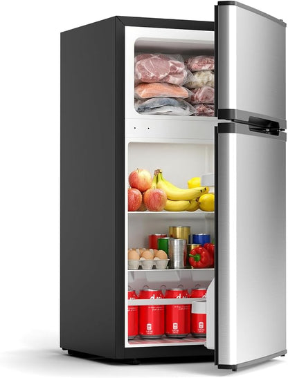 COWSAR 2.5 Cu.Ft Mini Fridge with Freezer, Double Reversible Door Compact Apartment Refrigerator with 2 Removable Shelves, Commercial Dorm Fridge for Bedroom, Office, Kitchen, Dorm, Silver