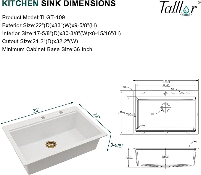 33 Inch Granite Composite Kitchen Sink - White Drop In Workstation All-In One Classic Quartz Single Bowl Kitchen Sink Basin, 2-Holes, 33x22, Top-Mount #TLGT-113