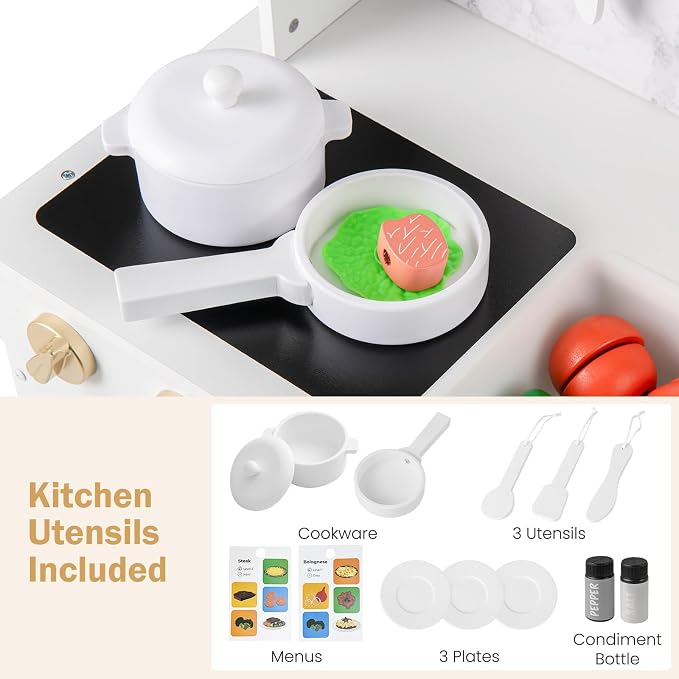 INFANS Kids Kitchen Playset, Toddler Wooden Pretend Cooking Set with Telephone Stove Microwave Storage Cabinet, Play Kitchen Toy Set with Toy Food Cookware Accessories for Children Boys Girls