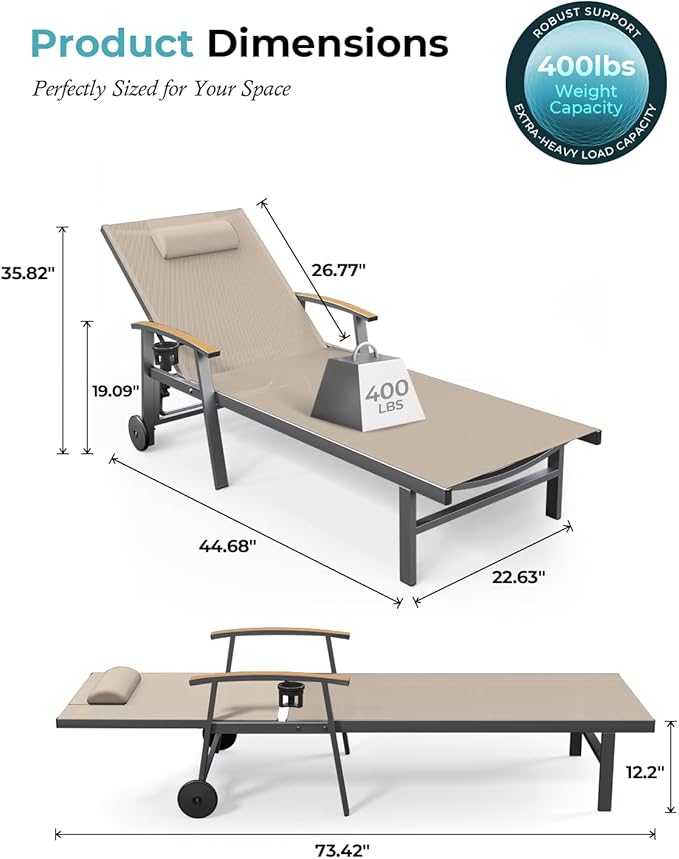 Ciokea Outdoor Lounge Chair with Pillow Set of 4, 5-Position Chaise Lounges with Wheels & Armrests, 400 lbs Heavy Duty Aluminum Pool Lounge Chairs, for Deck, Beach, Backyard & Poolside, Khaki