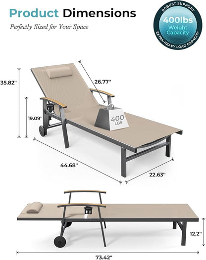 Ciokea Outdoor Lounge Chair with Pillow Set of 4, 5-Position Chaise Lounges with Wheels & Armrests, 400 lbs Heavy Duty Aluminum Pool Lounge Chairs, for Deck, Beach, Backyard & Poolside, Khaki