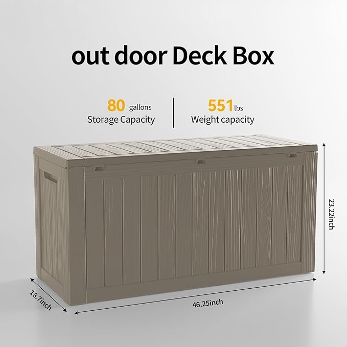 Outdoor Storage Box 80GAL Waterproof Resin Deck Box,UV-Resistant Lockable Delivery Bin for Garden Tools,Small Outside Cushions,Pool Accessories Supplies,Chest,Furniture,Package,Grey