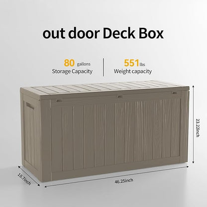 Outdoor Storage Box 80GAL Waterproof Resin Deck Box,UV-Resistant Lockable Delivery Bin for Garden Tools,Small Outside Cushions,Pool Accessories Supplies,Chest,Furniture,Package,Grey
