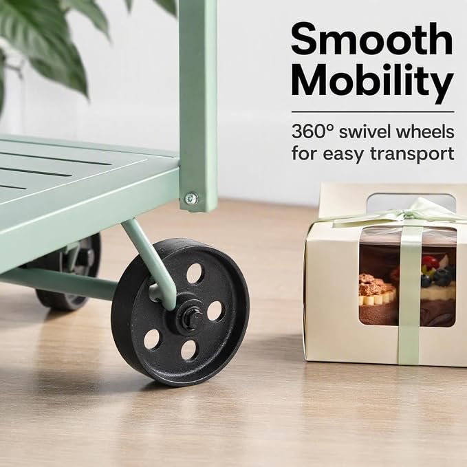 3-Tier Metal Rolling Cart with Wheels, 39.37x15.74x41 in, Pea Green | Indoor & Outdoor Use, Convenient Handles, Waterproof & Rustproof, Stronger Load Bearing, Kitchen & Garden Use