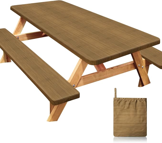 Picnic Table Cover with Bench Covers Windproof Waterproof Picnic Table Covers Camping Tablecloth with Self-Storage Bag, 72in, Light Tan