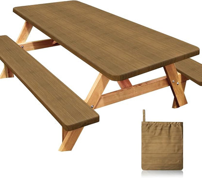 Picnic Table Cover with Bench Covers Windproof Waterproof Picnic Table Covers Camping Tablecloth with Self-Storage Bag, 72in, Light Tan