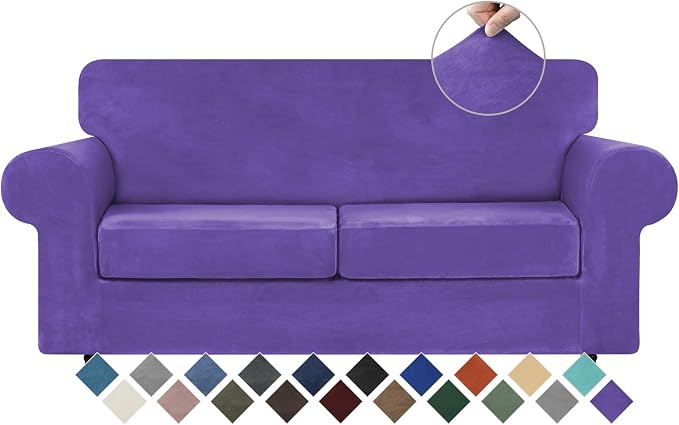 WEERRW Velvet Stretch 3 Pieces Couch Cover for Sofa Washable, Purple | Love Seat Couch Covers for 2 Cushion Couch Sofa Furniture Protector slipcoves with Elastic Bottom for Kids, Medium