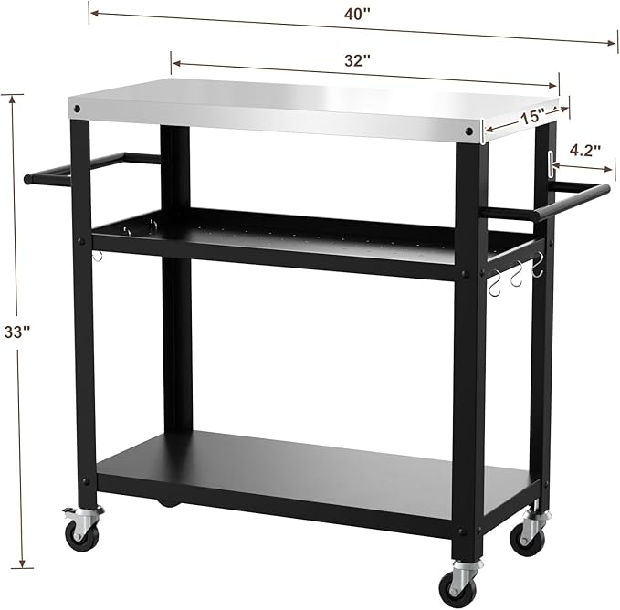 Nessxa Outdoor Grill Cart with Three-Shelf, Stainless Steel Pizza Oven Table for Outside, Dining Kitchen Cart with Two Side Handle, Garden Patio BBQ Kitchen Food Prep Table Cart (Black)