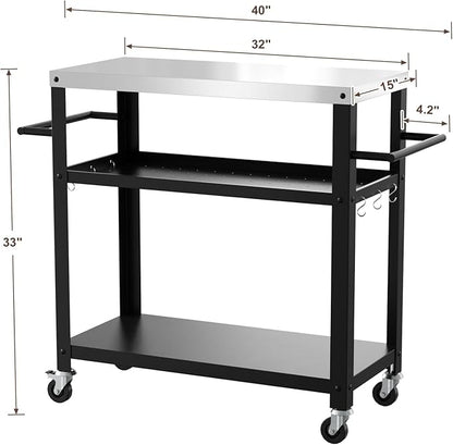 Nessxa Outdoor Grill Cart with Three-Shelf, Stainless Steel Pizza Oven Table for Outside, Dining Kitchen Cart with Two Side Handle, Garden Patio BBQ Kitchen Food Prep Table Cart (Black)