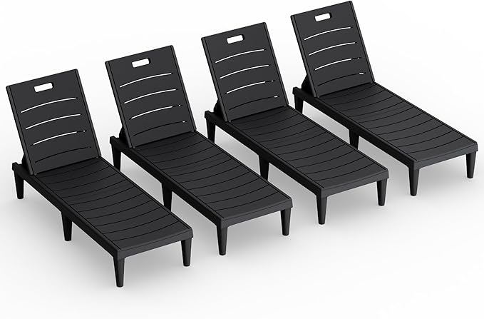 Greesum Outdoor Chaise Lounge Chair Set of 4, Waterproof 5-Position Adjustable PP Sun Loungers for Patio, Poolside, and Beach Sunbathing, Black