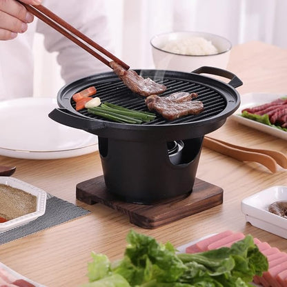 Charcoal Grill with Non-Stick Baking pan, Indoor Mini Barbecue Grill, with Wooden Base for Picnic Garden Balcony Camping (Black 21 * 12cm)