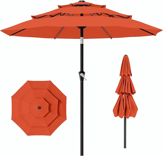 AreShark 9ft 3-Tier Patio Umbrellas, Outdoor Umbrella with 8 Sturdy Ribs UV Protection Windproof, Market Table Umbrella w/Push Button Tilt & Crank for Pool, Porch, Deck, Garden(Orange)