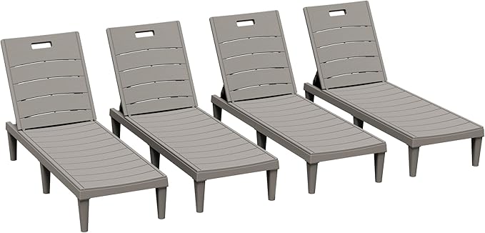 Greesum Outdoor Chaise Lounge Chairs Set of 4 with 5-Position Adjustable Backrest, Waterproof PP Sun Chaise Loungers for Garden Pool Beach Patio Deck Sunbathing, Light Coffee