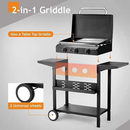 3-Burner Flat Top Gas Griddle Cooking Station with Ceramic Coated Cast Iron Pan, 30,000 BTU Propane Fuelled Griddle Station with Side Shelves & Spice Rack for Outdoor Barbecue Backyard Cookout