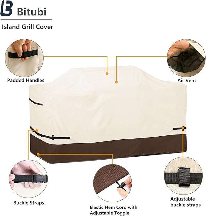 Bitubi 86 Inch Island Grill Cover - 600D Heavy Duty Waterproof All Weather Protection Extra Large Grill Cover,Beige & Brown