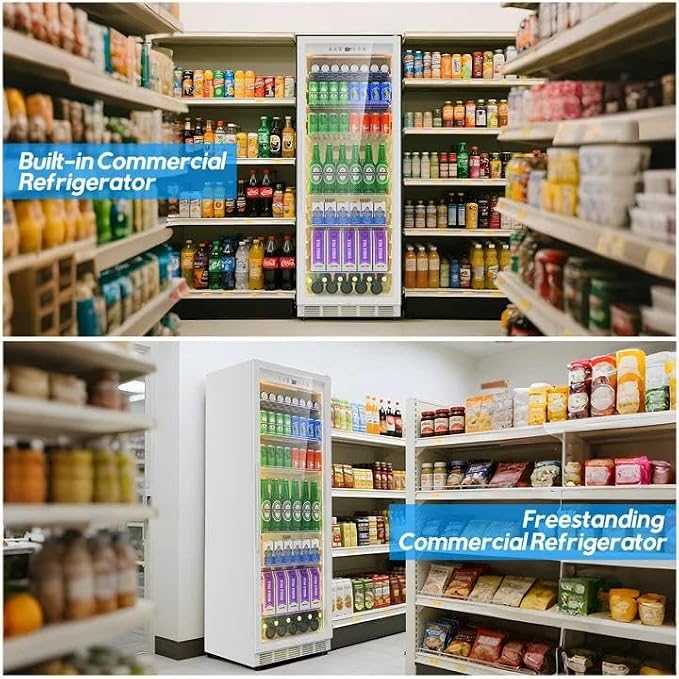 Velivi Commercial Display Beverage Fridge: 13.8 Cu Ft Upright Cooler with Glass Door, LED Lighting, Low Noise, and Rapid Cooling for Restaurants, Shops, and Offices (White)