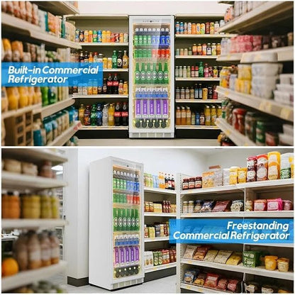 Velivi Commercial Display Beverage Fridge: 13.8 Cu Ft Upright Cooler with Glass Door, LED Lighting, Low Noise, and Rapid Cooling for Restaurants, Shops, and Offices (White)