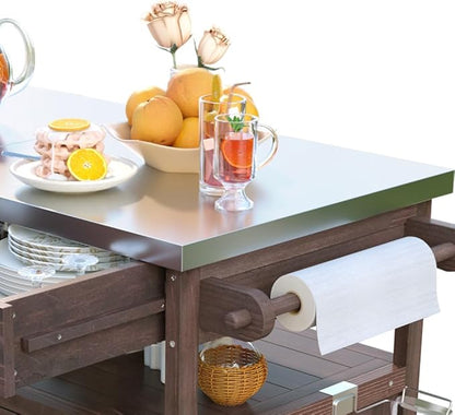 Outdoor Grill Cart with Stainless Steel Top, Solid Wood Outdoor Storage Cabinet with Drop Leaf, One Drawer, Towel Rack, Rolling Kitchen Cart with Lockable Wheels for Lawn Garden (Brown@072)